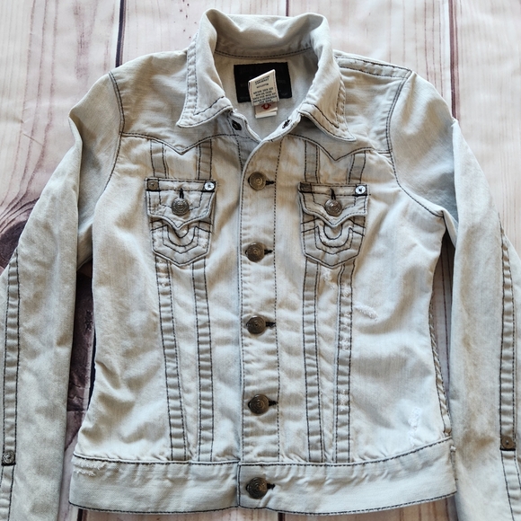True Religion "Jimmy Rigid" Denim Jean Jacket Distressed Grey | Women's Size XS - Picture 2 of 10